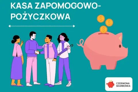 Ilustracja przedstawia ludzi i skarbonkę z monetami, symbolizującą kasę zapomogowo-pożyczkową.