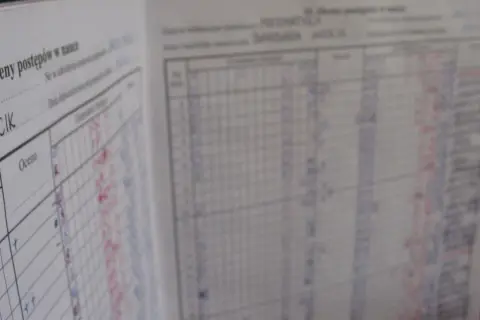 Fragment dziennika lekcyjnego z wpisanymi ocenami i danymi ucznia.