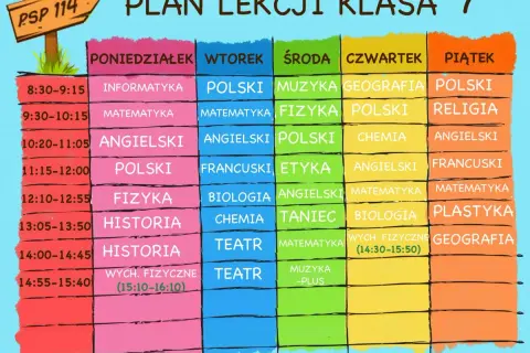 Kolorowy plan lekcji dla klasy 7 z podziałem na dni tygodnia i godziny.