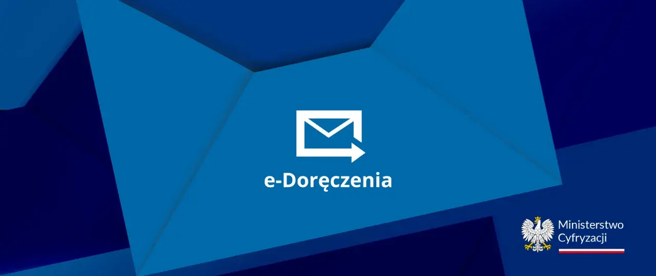 Ikona koperty z strzałką i napisem "e-Doręczenia" na niebieskim tle.