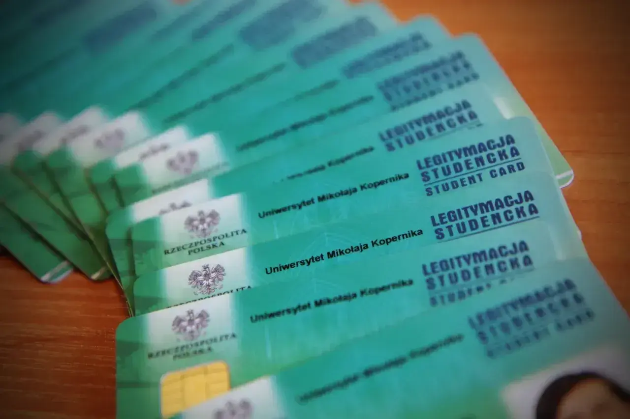 Stos zielonych legitymacji studenckich Uniwersytetu Mikołaja Kopernika.