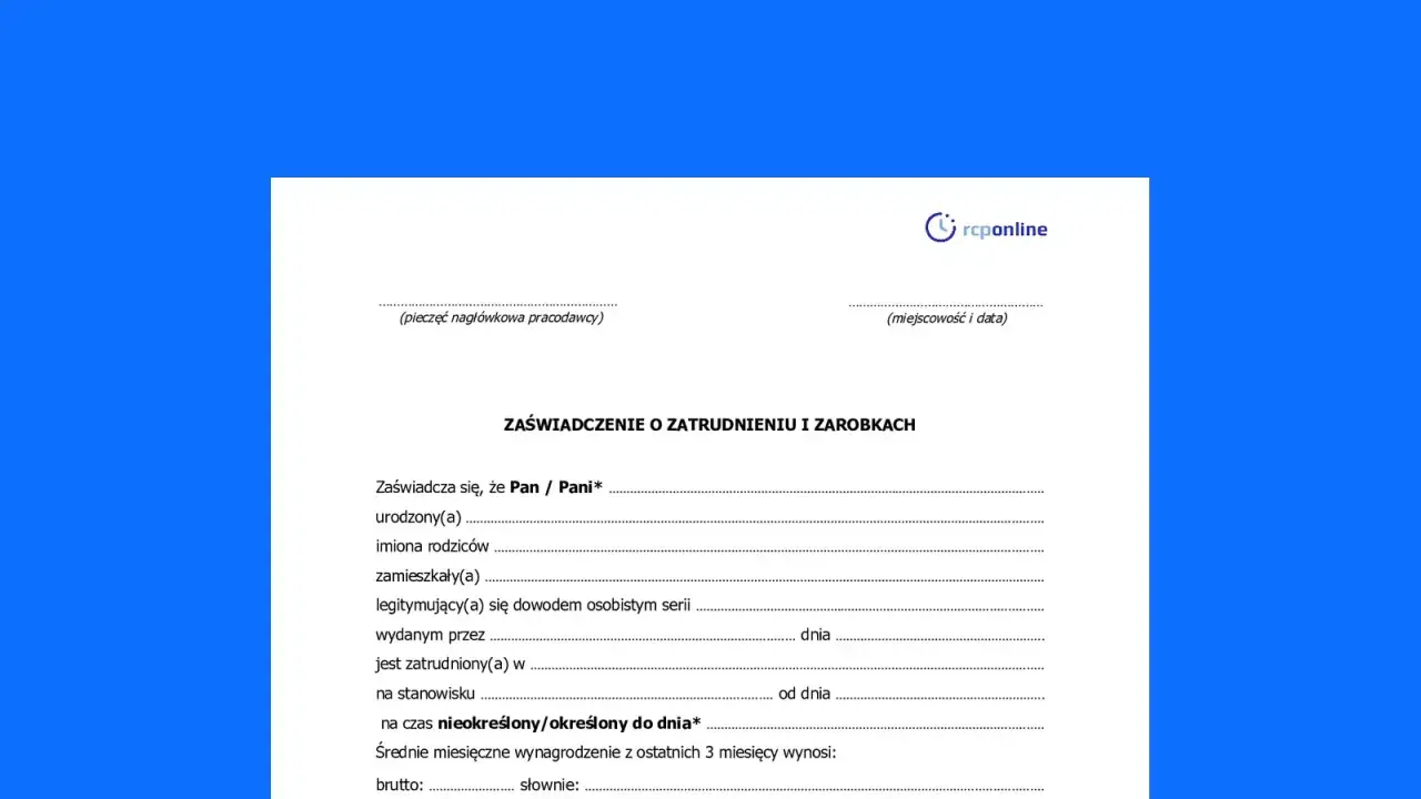 Formularz "Zaświadczenie o zatrudnieniu i zarobkach" zawiera pola do wypełnienia, takie jak dane osobowe, informacje o zatrudnieniu i wynagrodzeniu.