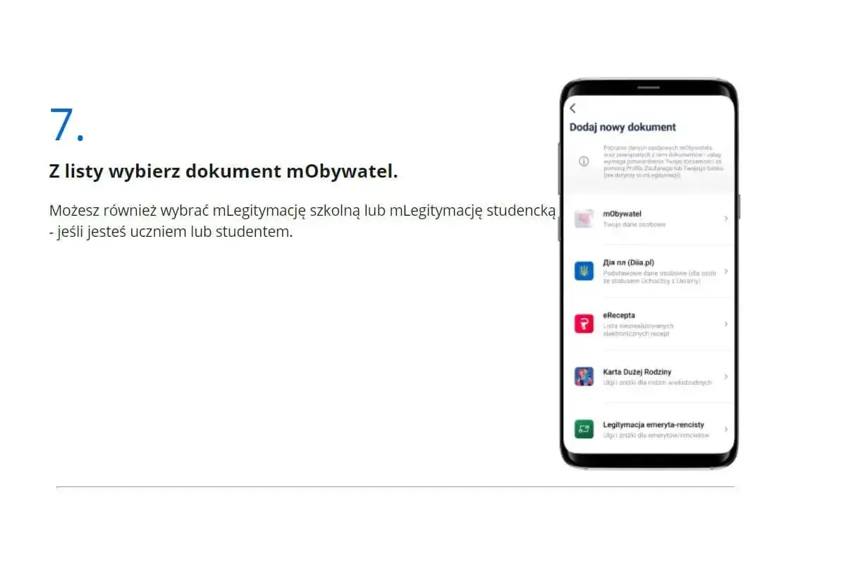 Telefon z aplikacją mObywatel, wyświetlający listę dokumentów do dodania.