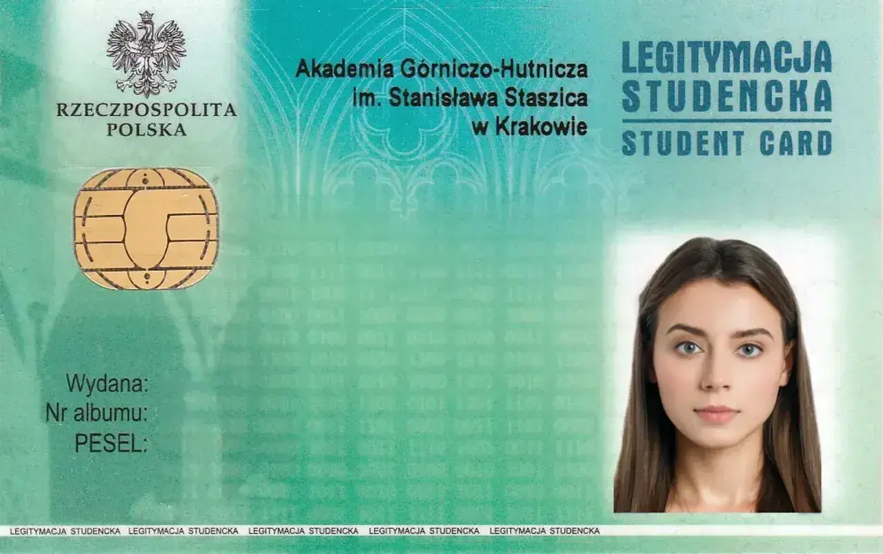 Legitymacja studencka AGH z chipem, godłem RP i zdjęciem studentki.