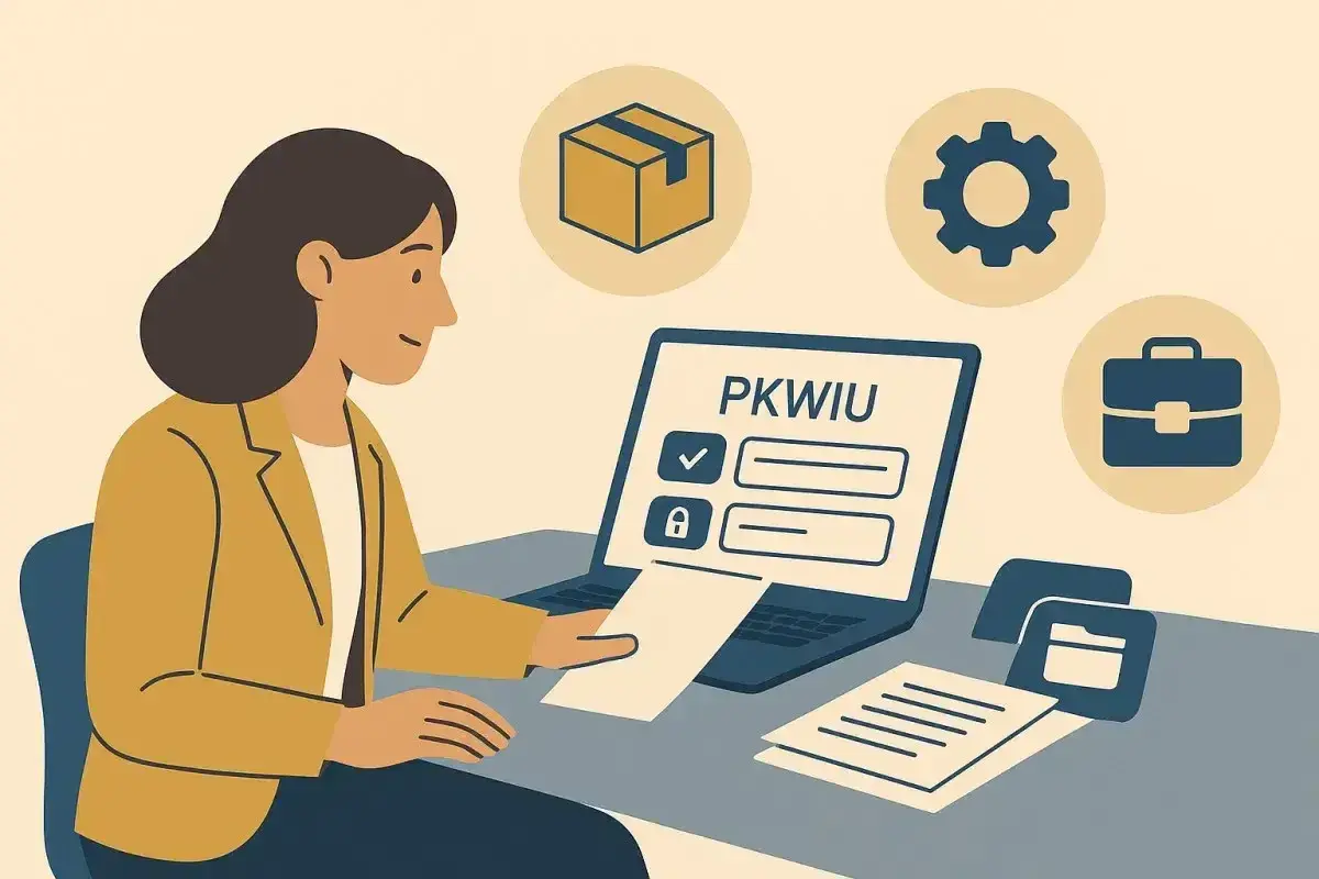 Kobieta pracuje przy laptopie z napisem PKWIU. Ikony symbolizują branże, a dokumenty sugerują ustalanie kodu zawodu.