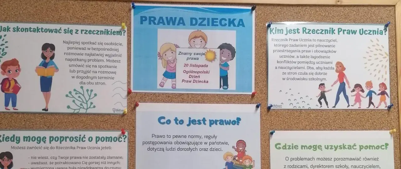 Plakat informacyjny o prawach dziecka w szkole z rysunkami dzieci i nauczycieli.