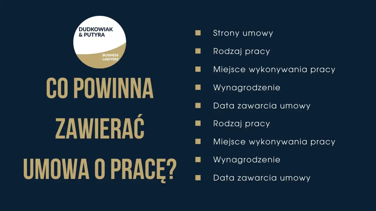 Co powinna zawierać umowa o pracę? Kluczowe elementy: strony, rodzaj i miejsce pracy, wynagrodzenie, data zawarcia.