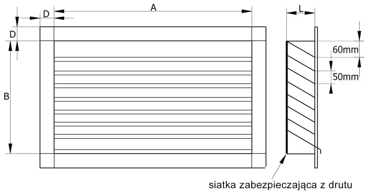 Schematyczny rysunek kratki z wymiarami. Odległość między liniami kratki wynosi 50mm, a grubość drutu D.