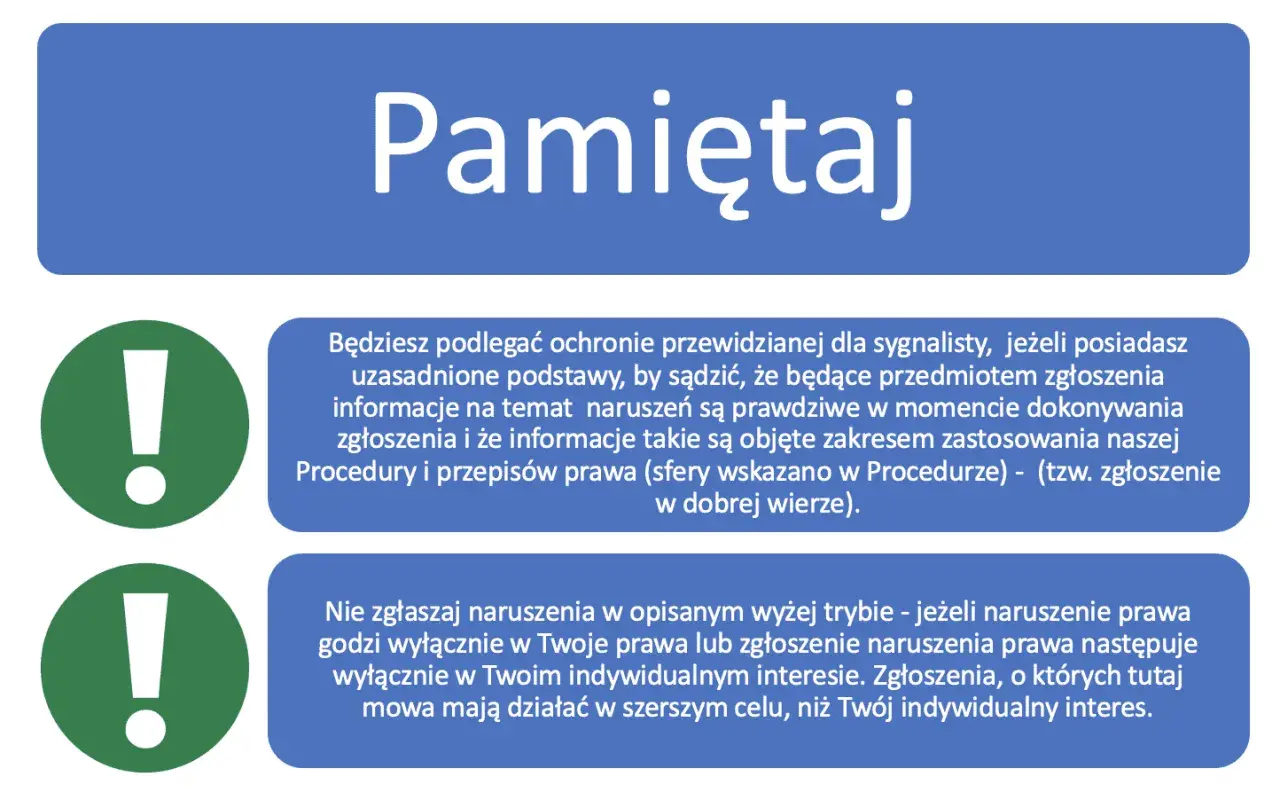 Dwa zielone wykrzykniki obok tekstu "Pamiętaj" i dwa bloki tekstu z informacjami.