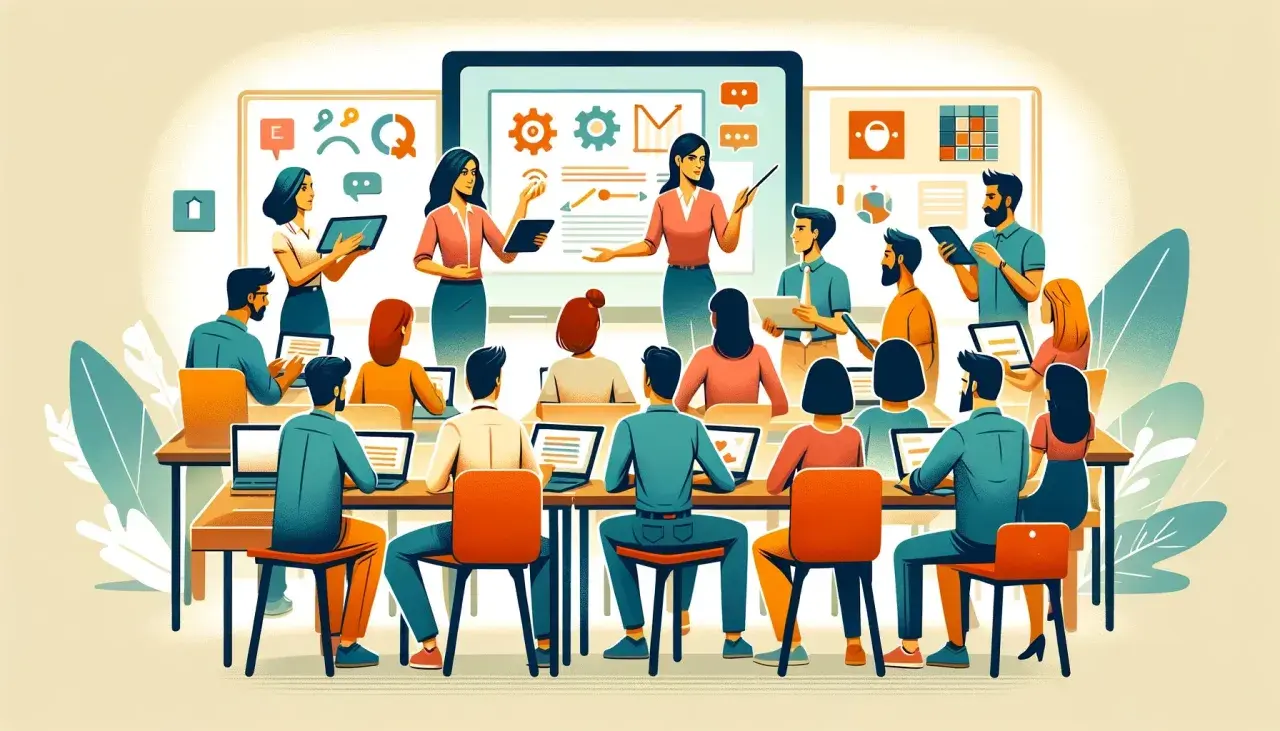 Ilustracja przedstawia szkolenie dla dorosłych, gdzie dwie kobiety prowadzą lekcję, a uczestnicy siedzą przy stołach z laptopami.