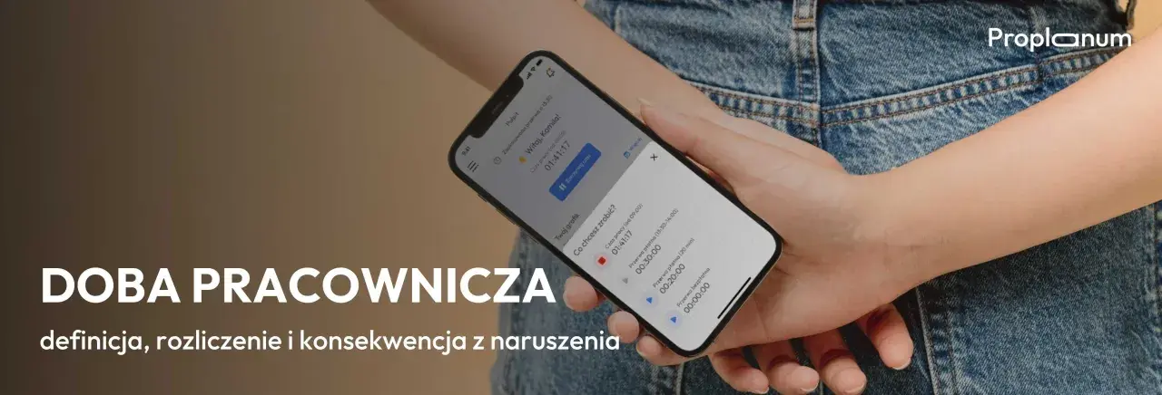 Doba pracownicza na ekranie telefonu. Aplikacja pomaga zarządzać czasem pracy, przerwami i rozliczeniami.