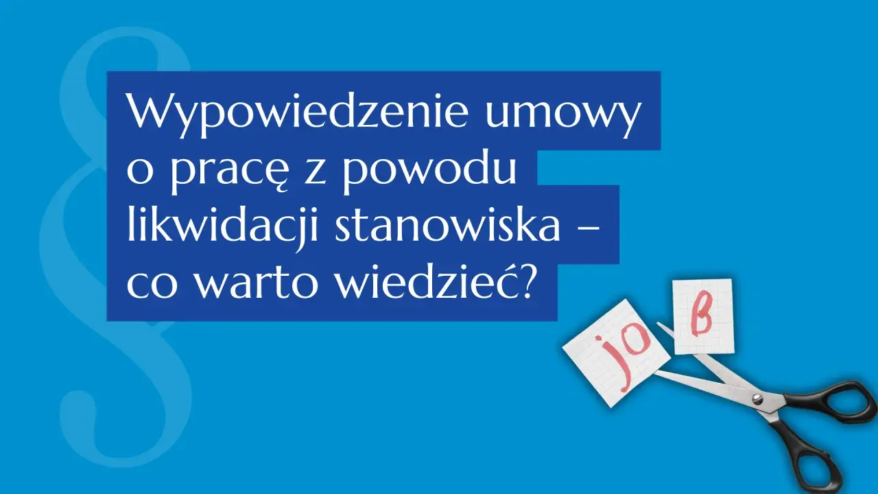 Nożyczki przecinające kartkę z napisem "job" na tle niebieskim z symbolem paragrafu.