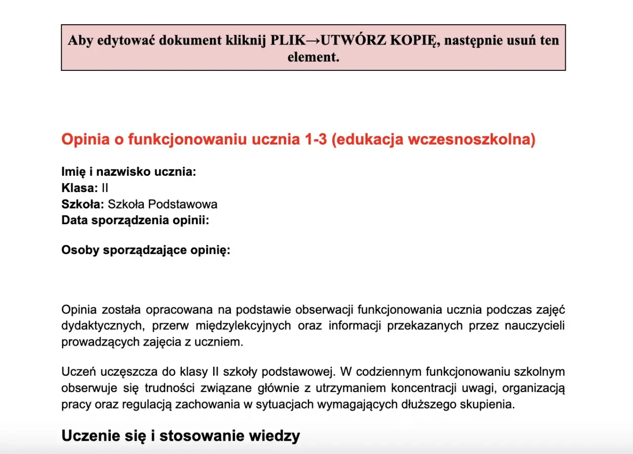 Opinia o funkcjonowaniu ucznia z klasy II szkoły podstawowej, opisująca trudności z koncentracją i organizacją.