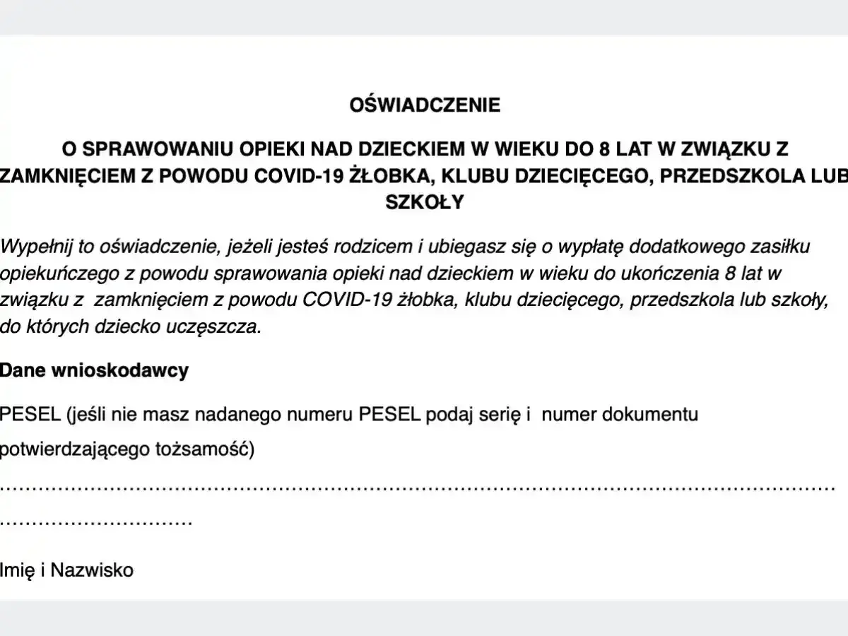 Fragment formularza oświadczenia dotyczącego opieki nad dzieckiem do 8 lat z powodu COVID-19.