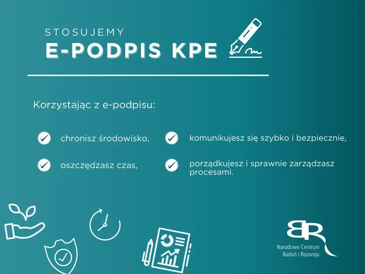 Grafika z tekstem "E-PODPIS KPE" i ikonami symbolizującymi korzyści z jego używania.