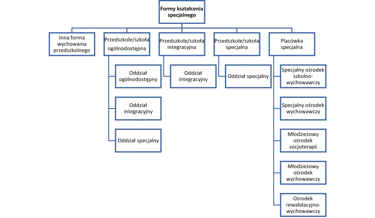 Schemat przedstawia formy kształcenia specjalnego, w tym placówki dla różnych grup niepełnosprawności, np. ośrodki szkolno-wychowawcze.