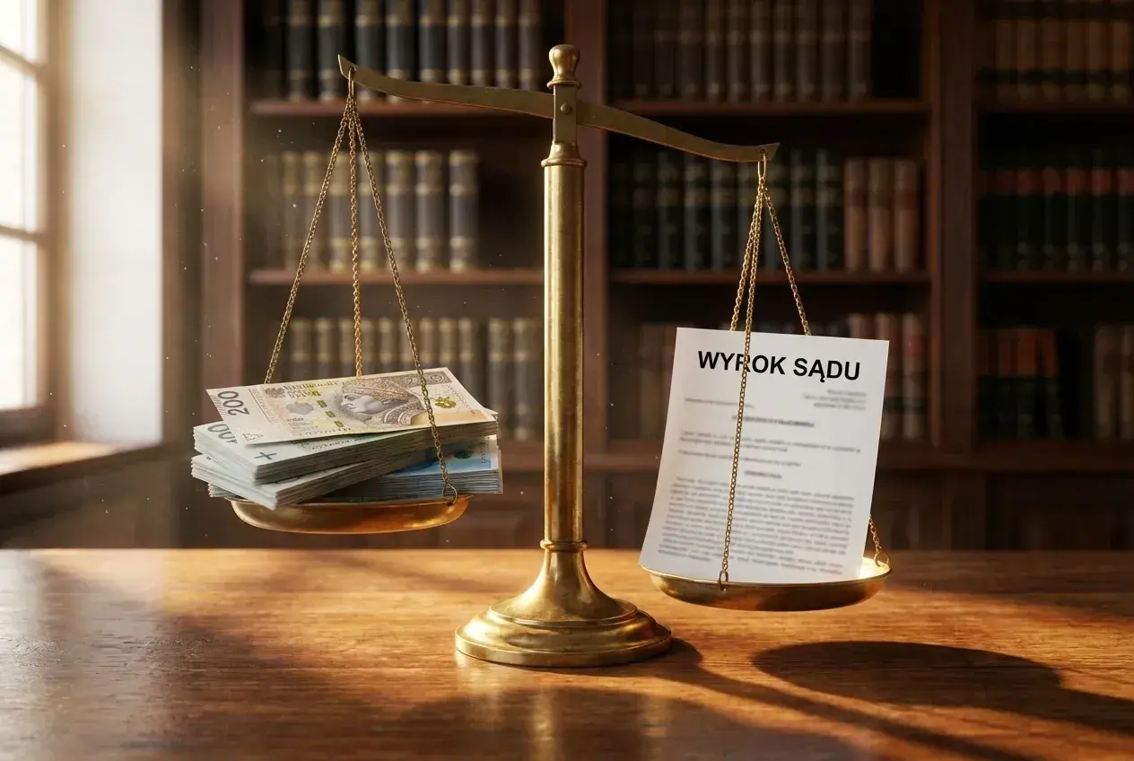 Waga szalkowa z pieniędzmi i dokumentem "Wyrok Sądu". Symbolizuje odprawę i jej wartość w kontekście prawnym.