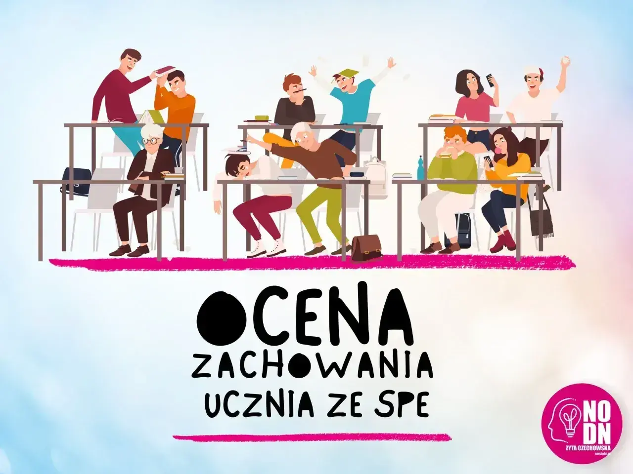 Ilustracja przedstawia grupę uczniów w klasie, niektórych rozmawiających, innych bawiących się.