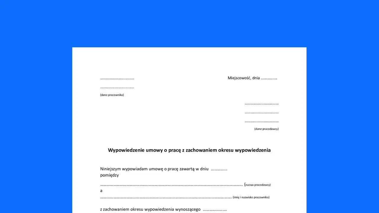 Fragment dokumentu wypowiedzenia umowy o pracę z polami do wypełnienia.