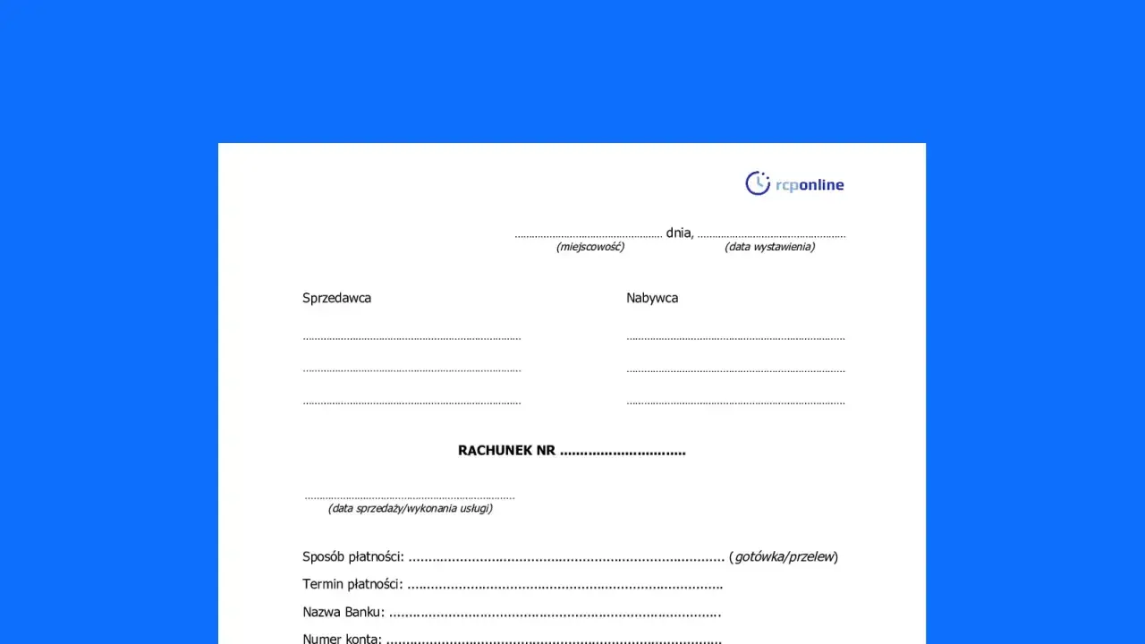 Formularz rachunku do umowy zlecenia z polami na dane sprzedawcy, nabywcy, numer rachunku, datę sprzedaży i sposób płatności.