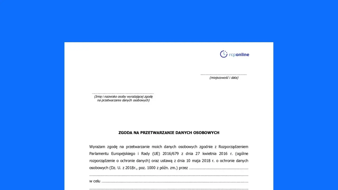 Formularz zgody na przetwarzanie danych osobowych z logo "rcponline".