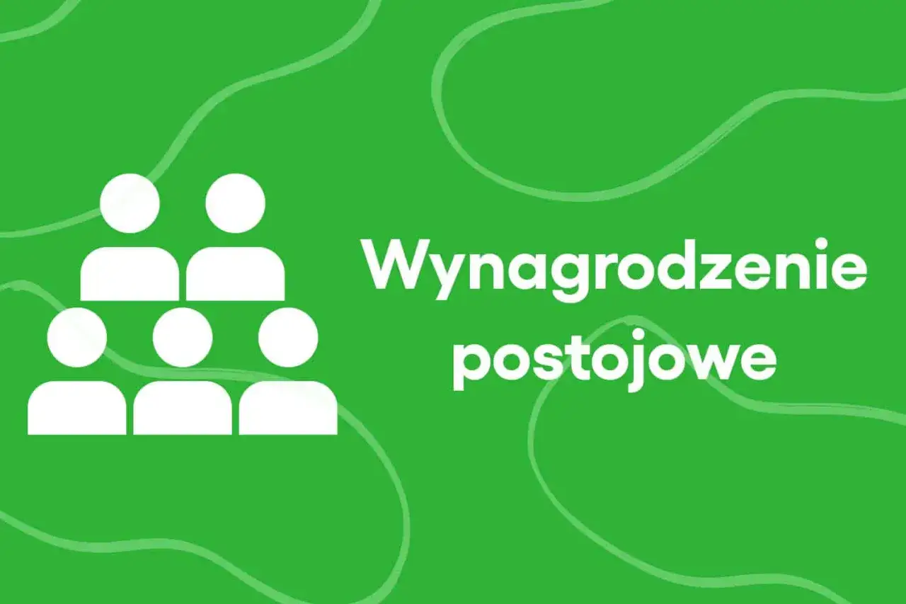 Białe ikony ludzi na zielonym tle. Tekst: 