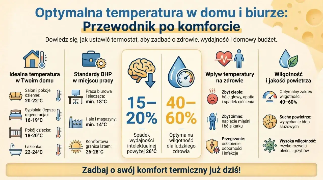W pomieszczeniu biurowym temperatura powietrza nie może być niższa niż 18°C, by zapewnić komfort i wydajność.