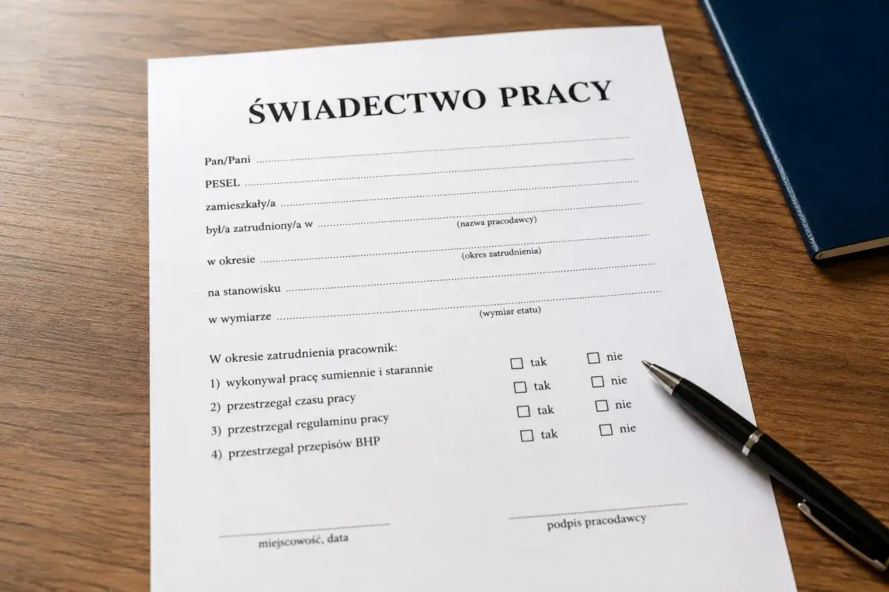 Świadectwo pracy, dokument niezbędny po zakończeniu stażu pracy lub umowy zlecenia, z polami do wypełnienia danych pracownika i pracodawcy.