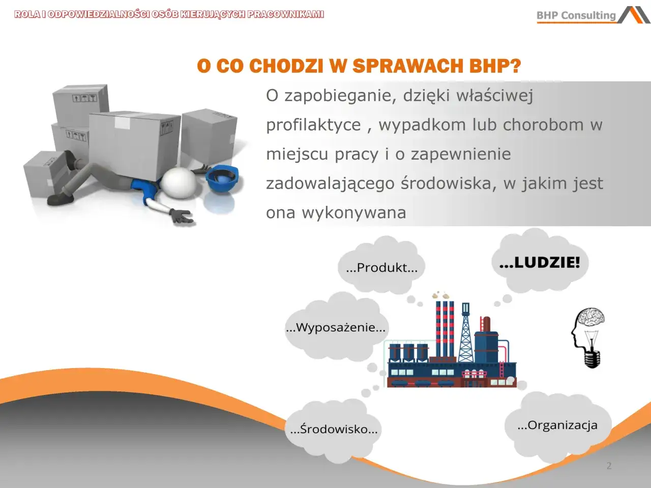 Za stan bezpieczeństwa i higieny pracy w zakładzie odpowiada właściwa profilaktyka, zapobieganie wypadkom i chorobom, zapewnienie środowiska i organizacji pracy.