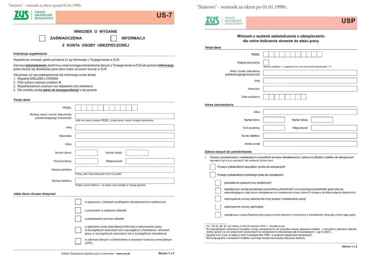 Wniosek US-7 do ZUS o wydanie zaświadczenia o ubezpieczeniu, np. świadectwo pracy umowa zlecenie.