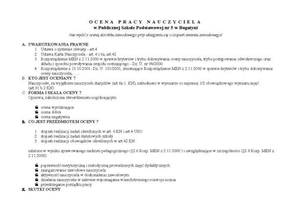 Fragment dokumentu "Ocena pracy nauczyciela" z nagłówkiem i listą punktów.