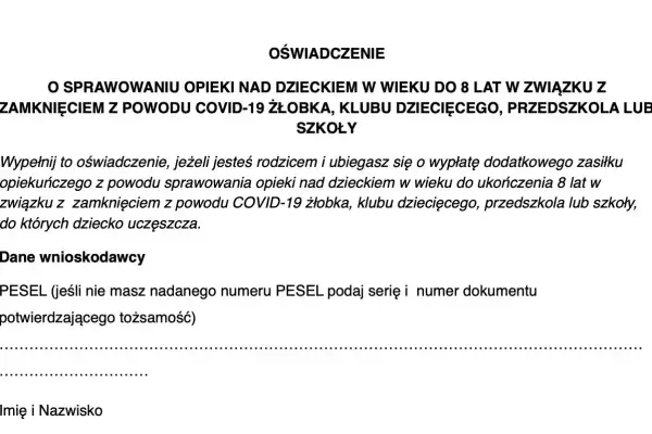 Oświadczenie o sprawowaniu opieki nad dzieckiem do 8 lat w związku z zamknięciem placówki z powodu COVID-19.