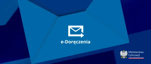 Ikona koperty z strzałką i napisem "e-Doręczenia" na niebieskim tle.