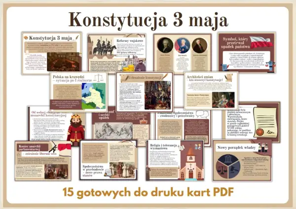 Ilustracja przedstawia kolaż grafik i tekstów dotyczących Konstytucji 3 Maja, z dominującym tytułem.