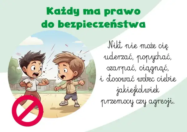 Ilustracja dwóch chłopców w szkole, jeden popycha drugiego, z przekreślonym znakiem zakazu.