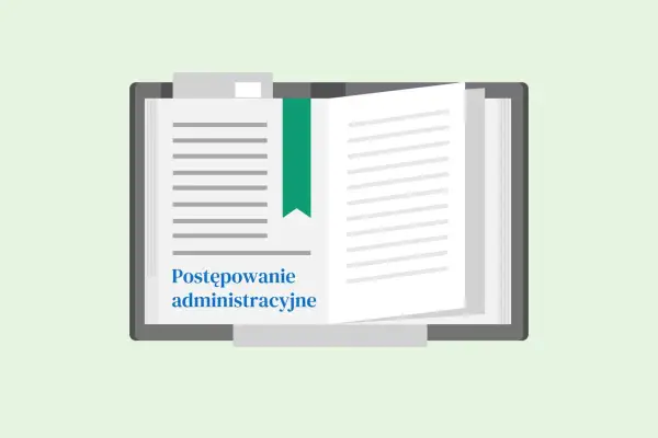 Otwarta księga z tekstem "Postępowanie administracyjne" i zieloną zakładką.