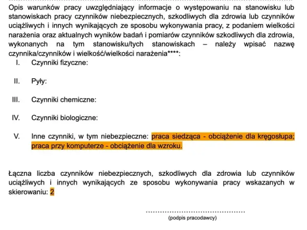 Fragment formularza dotyczący opisu warunków pracy, z wyszczególnionymi czynnikami fizycznymi, chemicznymi, biologicznymi i innymi.
