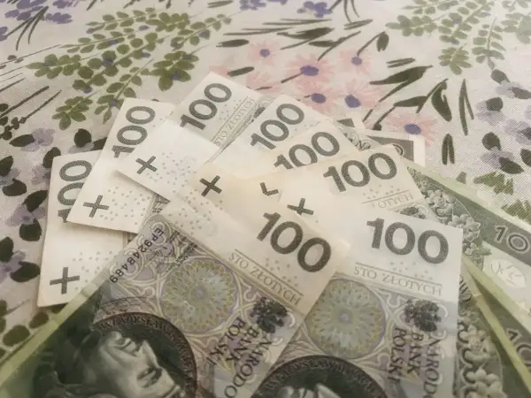 Stos banknotów 100 zł na tle z kwiatowym wzorem.