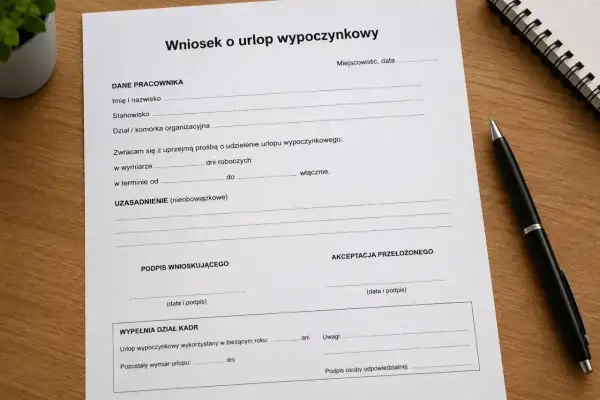 Formularz wniosku o urlop wypoczynkowy, gotowy do wypełnienia. Czas na zasłużony urlop na żądanie!