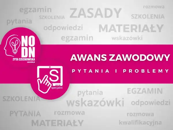 Grafika z napisem "AWANS ZAWODOWY", ikoną żarówki i literą "S" na tle słów kluczowych.