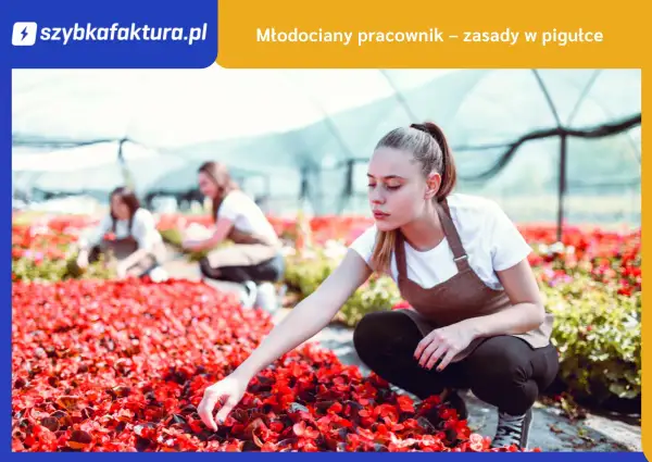 Młoda dziewczyna w fartuchu pracuje w szklarni, pielęgnując czerwone kwiaty. To przykład pracownika młodocianego.