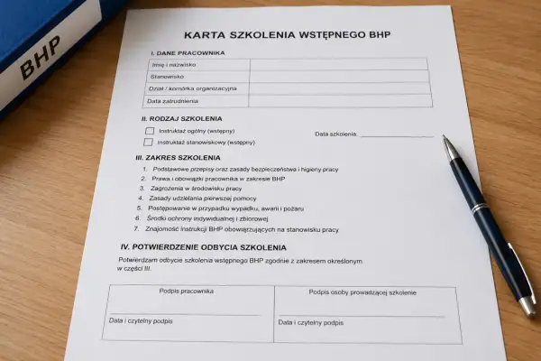 Karta szkolenia wstępnego BHP. Dokument zawiera pola do wpisania danych pracownika, rodzaju szkolenia (instruktaż ogólny lub stanowiskowy), zakresu szkolenia oraz potwierdzenia jego odbycia.