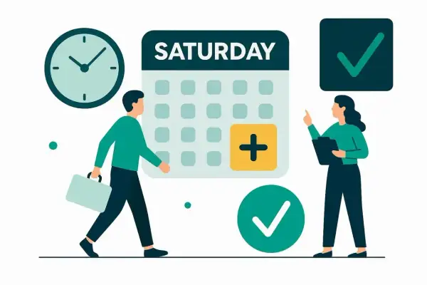 Ilustracja: kalendarz z napisem "SATURDAY", zegar, ludzie i zielone znaczniki wyboru.