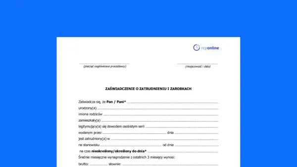 Formularz "Zaświadczenie o zatrudnieniu i zarobkach" zawiera pola do wypełnienia, takie jak dane osobowe, informacje o zatrudnieniu i wynagrodzeniu.