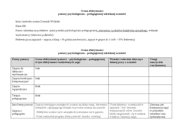 Tabela oceny efektywności pomocy psychologiczno-pedagogicznej dla ucznia.