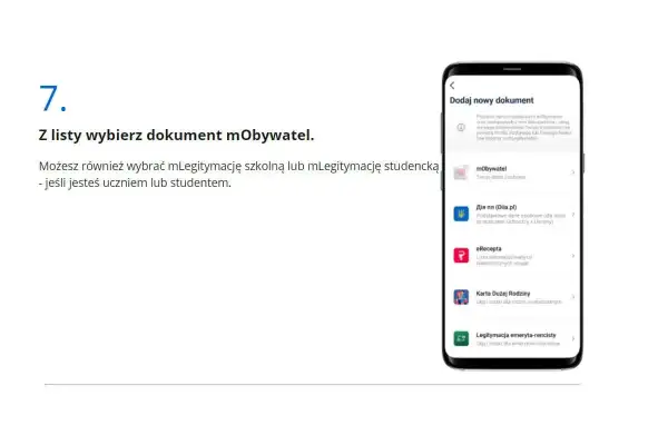 Telefon z aplikacją mObywatel, wyświetlający listę dokumentów do dodania.