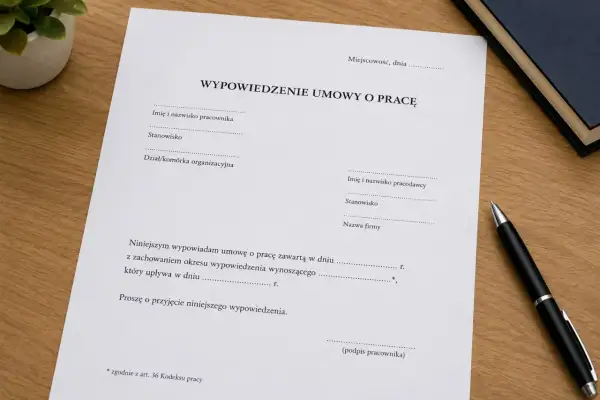 Dokument "Wypowiedzenie umowy o pracę przez pracodawcę" na drewnianym biurku, obok długopisu i książki.