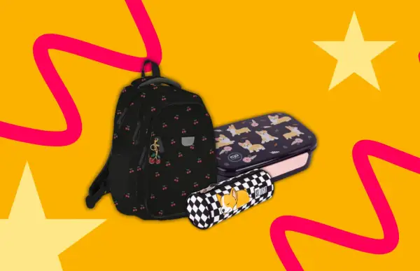 Plecak w wiśnie, piórnik i lunchbox z corgi – idealne akcesoria, jeśli szukasz inspiracji, jakie zeszyty do 8 klasy wybrać.