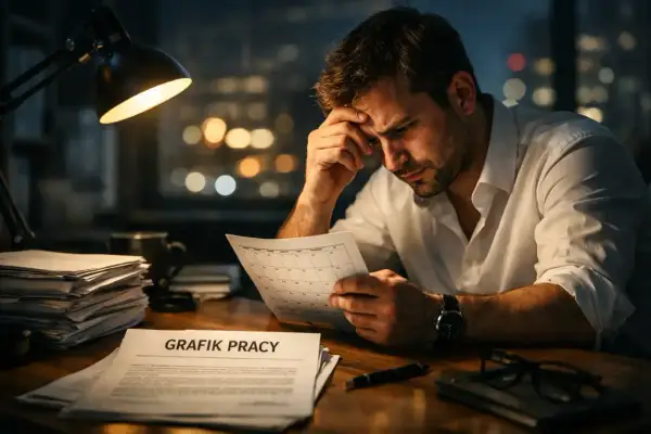 Zamyślony mężczyzna analizuje grafik pracy przy biurku. W niedzielę czeka go praca.