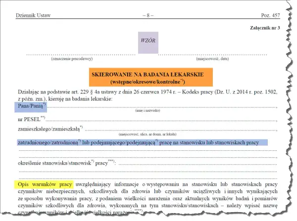 Skierowanie na badania lekarskie wstępne/okresowe/kontrolne. Dokument zawiera dane pracownika i opis warunków pracy, niezbędne do przeprowadzenia badań okresowych pracowników.